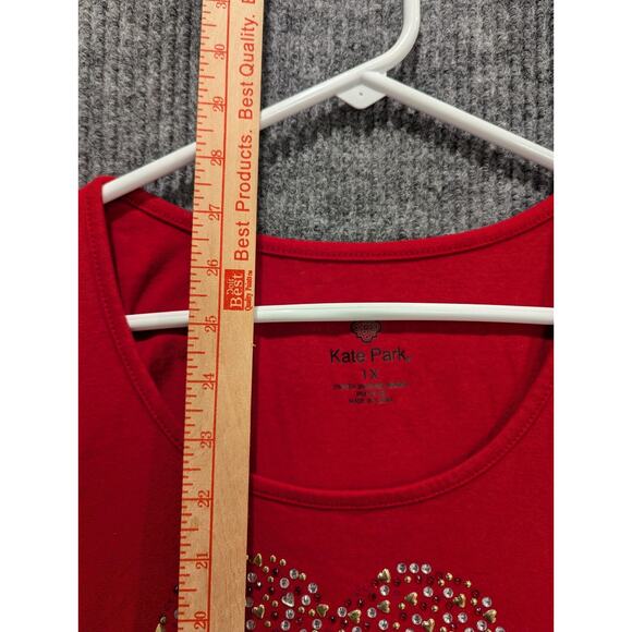 Kate Park Women's Red Rhinestone Heart Short Sleeve Cotton T-Shirt Plus Size 1X - Picture 7 of 7
